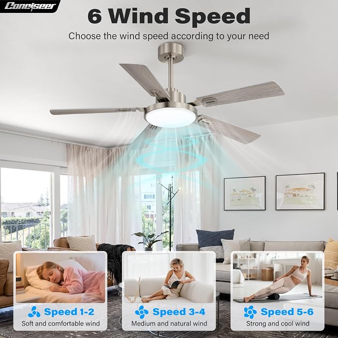 60 Inch Ceiling Fans with Lights and Remote, Bedroom Living Room Office Library Cafe Outdoor Industrial, 5CCT Dimmable, Dual Color 5 Blades, 6 Speed Reversible Quiet DC Motor, Sand-nickel/Wood Grain