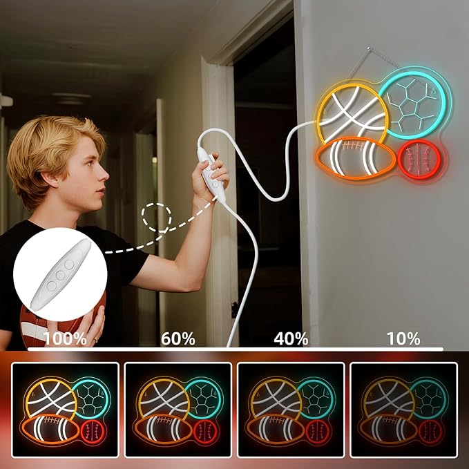 NOSUN 4 Ball Sport Combination Neon Sign for Boy's Bedroom Man Cave Football Soccer Basketball Baseball Neon Light Wall Decor Sports Themed LED Neon Signs Happy Era Home College Club Playroom Birthday Party Decor