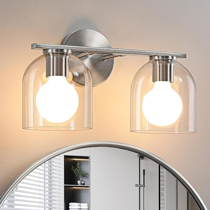 WOSHITU Modern Brushed Nickel 14.2 Inch Bathroom Vanity Light Fixtures: 2 Light Sconces with Clear Glass Shade for Above Mirror, Wall Mount