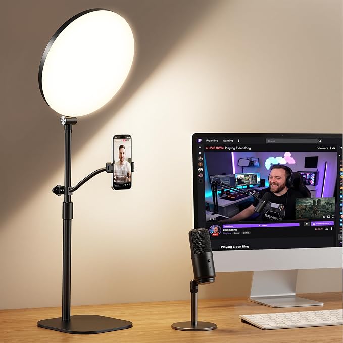 10" Full-Panel Desk Ring Light with Stand & Flexible Phone Holder, 24W 1100LM Light for Video Recording, 5 Color Modes up to 6500K, CRI 95+ for Computer, Podcast, Streaming, Zoom & Video Calls