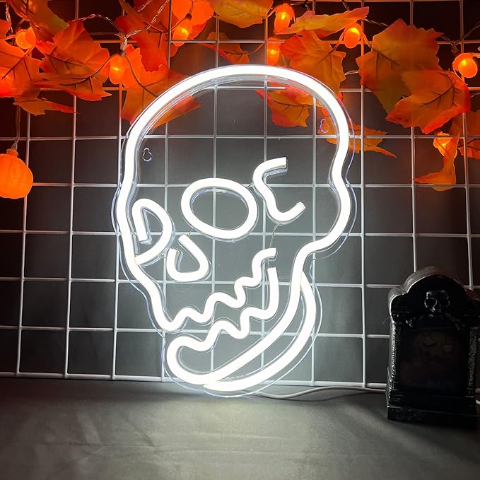 Halloween Decoration Skull Neon Sign, White LED Skull Shape Neon Wall Light Signs Decor, Wall Night Lights Cool Neon Sign Decor for Room Bedroom Bar Christmas Halloween Birthday Party Supply