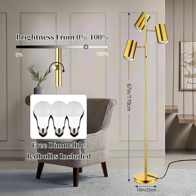 Ldeco Tree Floor Lamp for Living Room,Stepless Dimmable Gold Standing Tall Pole Lamp with 3 Bulbs,Modern Reading Floor Lamp for Living Room Bedroom Office,9W E26 LED Bulbs Includeds (Gold-Dimmable)