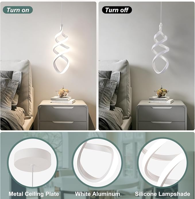 Modern Led Pendant Light Fixture, 15W White Spiral Led Chandelier Hanging Lamp, 4500K Daylight White Pendant Lamp, Adjustable Height Pendant Light for Kitchen Dining Room Bedroom Kitchen Island Cafe