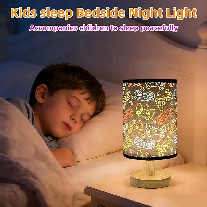Video Game Table Lamp Kids Bedside Lamps for Bedroom 3 Colors Dimmable Nightstand Night Light Game Lover Decorative Lights with Flaxen Fabric Shade Desk Lamp for Girls Boys Home Playroom Decor