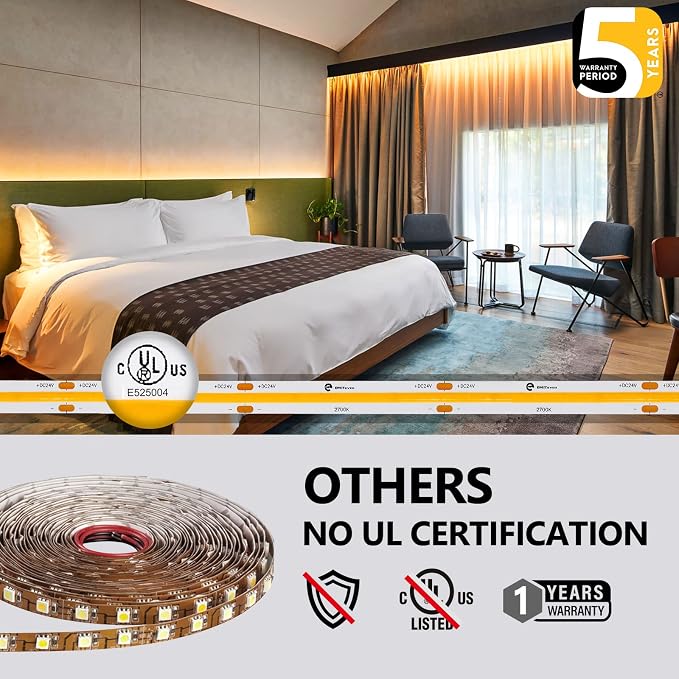 EMITEVER COB LED Strip Lights Warm White 2700K,UL 24V,8.2ft 1200LEDs | Ra 90+,IP30,3W/ft,305+Lumens/ft,5 Year Warranty(Power Supply Sold Separately)for bedroom,living room,kitchen