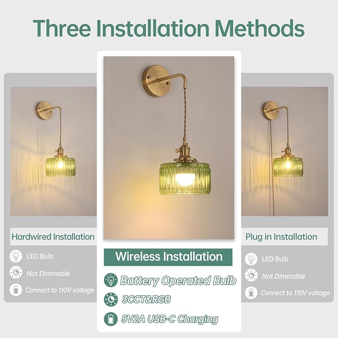 Shenmoyl Battery Operated Wall Sconce with Green Striped Shade Pattern Glass Adjustable Chain Retro Gold Wall Mounted Light, Modern Wall Decor for Bedside Bedroom Indoor Doorway， Set of 2