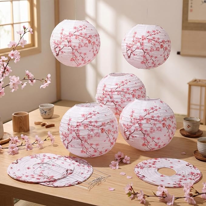 12 Pcs Cherry Blossom Paper Lanterns Tea Party Decorations Floral Flower Wildflower Spring Birthday Party Decoration Flower 10 Inch Hanging Round Paper Lanterns for Wedding Bridal Shower Baby Shower