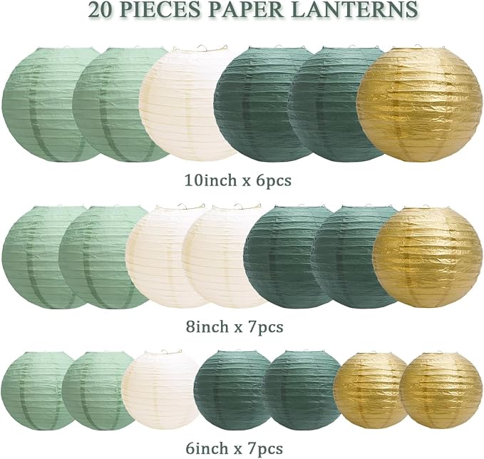 Paper Lanterns Party Decorations, Hanging Round Chinese Lanterns for Graduation Baby Shower Sage Green Birthday Decorations Pack of 20 Sage Green Gold