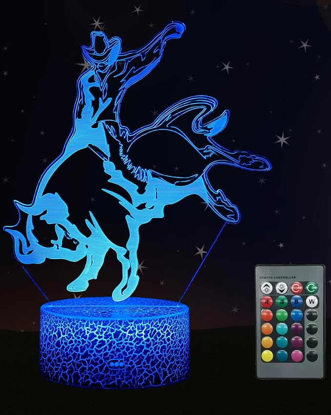 Bull Riding Rider 3D Illusion Night Light, Matador Style Décor Lamp | 16 Colors Changing, Dimmable, Touch & Remote Control, Birthday Christmas Gift For Boy Girl Kid Teen Men Women Bedroom Room