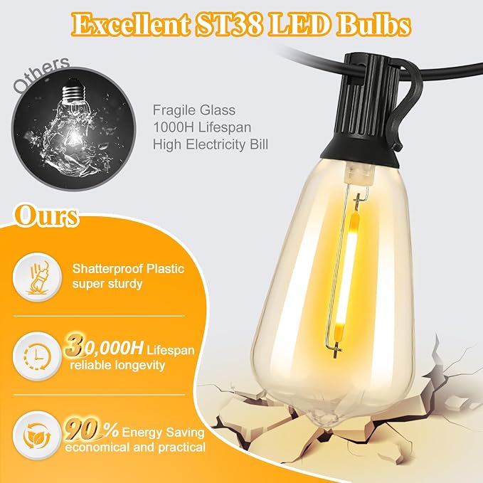 25FT Outdoor String Lights 13 Bulbs, 2200K Amber Lights | 1 Spare ST38 Edison Bulb Dimmable, Connectable Plug-in LED Patio Lights for Outsiede, Cafe, Wedding, Christmas