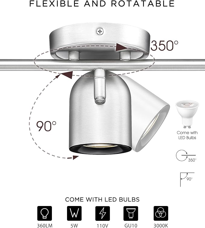FEMILA 3 Light Track Lighting, Brushed Nickel Finish, GU10 Bulbs Included | Modern track lighting with adjustable heads for kitchens, hallways, work areas