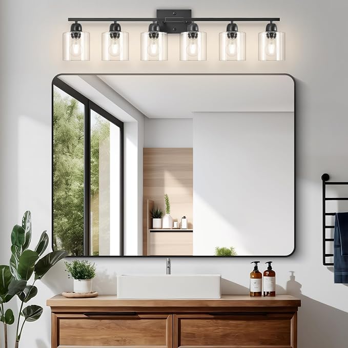 Black 6-Light Bath Vanity Lights for Mirror, Restroom Lights Fixtures with with Clear Glass Shades,Bathroom Over Sink Light Fixtures, Bathroom Light Fixtures Over Mirror