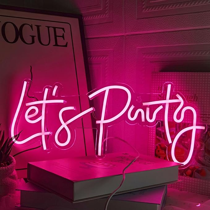 Let's Party Neon Sign, LED Neon Lights for Bedroom Wall Decor, Art Decorative Lights for Bachelorette Party, Engagement Party, Birthday Party, Living Room, Gamer Room Decor Aesthetic (Pink)