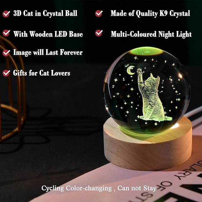IFOLAINA 3D Cat Themed Gifts for Women Friends Cat Lovers Presents 2.36" Engraved Crystal Ball with Wooden Light Base Crystal Pet Sphere Decor