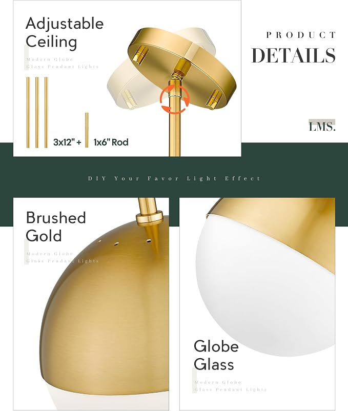 Modern Pendant Lighting Gold Globe Pendant Light Fixture, Mid Century Chandelier One Light Hanging Fixture for Kitchen Island, Adjustable Indoor Lighting for Dinning Room Bedroom, LMS-187