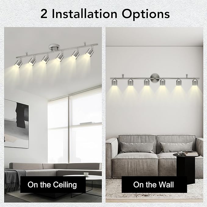 6-Light Brushed Nickel Track Lighting Kit with GU10 LED Bulbs - 44.5” Adjustable Ceiling Spotlight Fixture, 270° Swivel & 90° Tilt for Kitchen, Living Room, Dining Room, Gallery Display