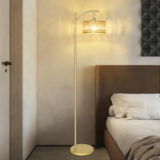 Gold Floor Lamp, Arc Floor Lamp for Bedroom, Standing Lamps for Living Room, Crystal Mid Century Modern Tall Lamp, Corner Stand Up Lamp, Height Adjustable Arched Brass Reading Lamps (Bulb Included)