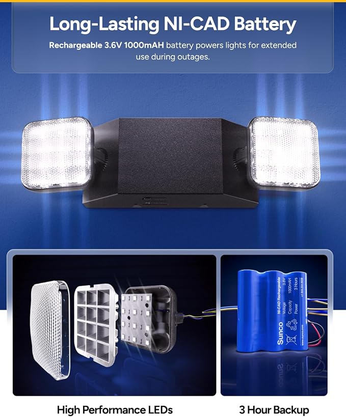 Sunco 24 Pack LED Emergency Lights, Commercial Lighting for Business, Power Outages, Offices, with Backup Battery (90 Minutes), Wall Mount, Hard Wired, Black, 120-277V, Fire Resistant (94V-0) UL.
