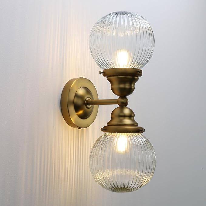 Pathson 2 Lights Striped Glass Wall Sconces, Modern Bathroom Sconces Wall Vanity Light Fixtures Brass Finish, Vintage Wall Sconce Lamp for Living Room Bedroom Farmhouse Lighting