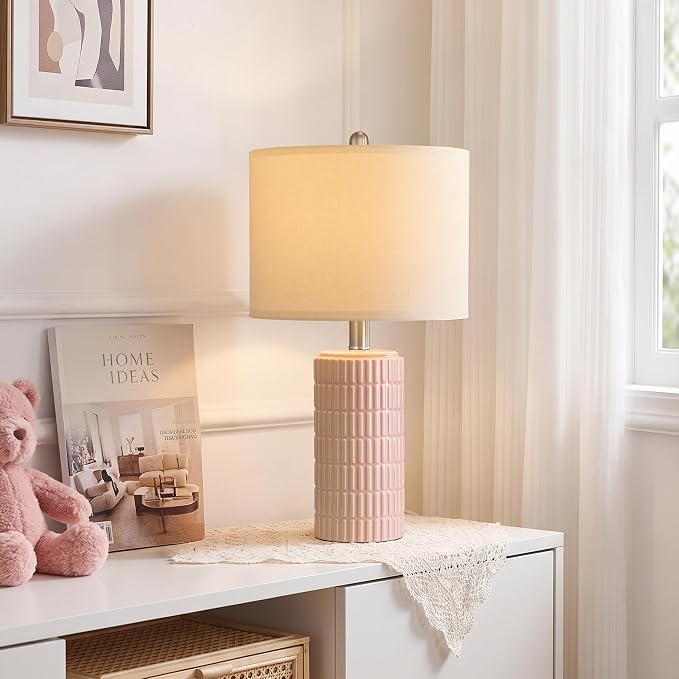PoKat 21'' Pink Ceramic Table Lamp with Gift Box, Modern, Small for Bedroom | Nightstands lamps for bedside, farmhouse home decor for girls room, ideal housewarming birthday gift for kids women teen