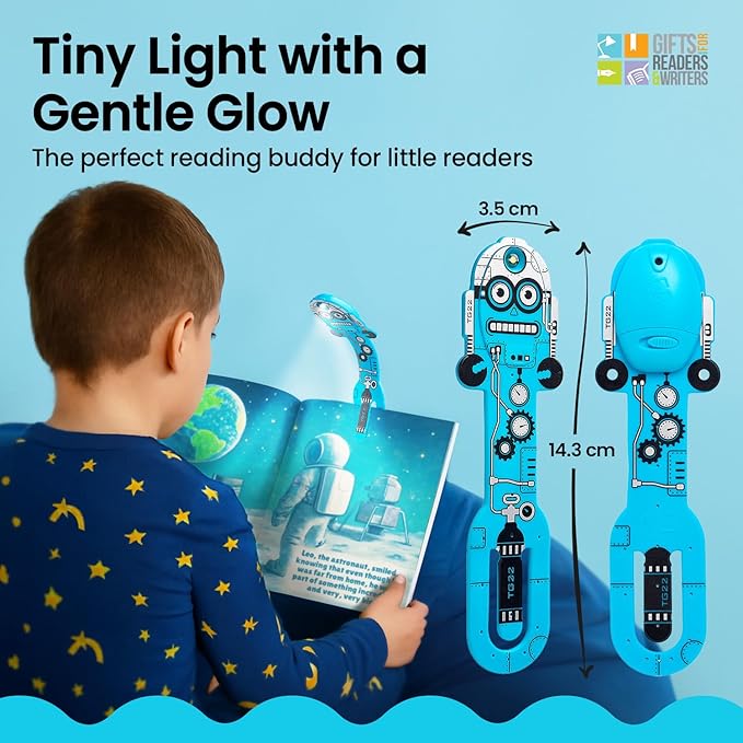 Gifts for Readers & Writers Book Light for Kids, Clip On Reading Light for Bed, 2in1 Flexilight Pals & Bookmark, Small & Lightweight with a Soft Glow, 2 Batteries Included, Robot Blue