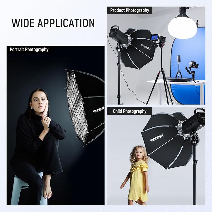 NEEWER 28"/70cm Octagonal Softbox, Quick Release Bowens Mount Softbox with Honeycomb Grid, Light Diffusers, Bag for RGB CB60 CB60B CB200B MS60B MS60C MS150B S101-300W/400W Pro Vision 4 Q4, NS27P