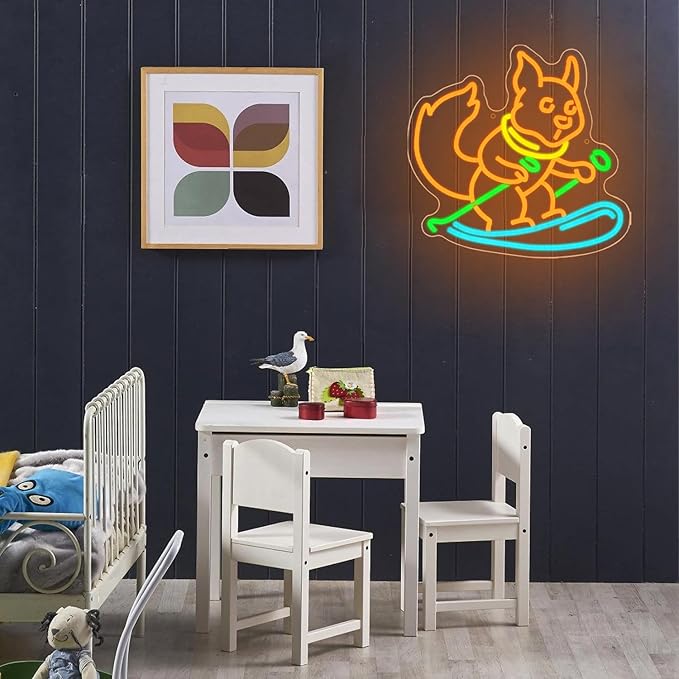 Squirrel Skiing Neon Sign for Wall Decor, Animal Snow Skiing Neon Signs Light, USB Powered Orange Squirrel Led Light Up Sign for Bedroom Pet Store Ski Area Decoration