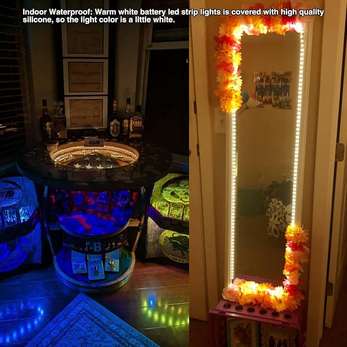 Battery Powered Led Strip Lights, Warm White, with Remote, 13.2ft, 240LEDs Dimmable, Timer, Cuttable Suitable for Bathroom, Fish Tank, Marriage, Kitchen, Waterproof.