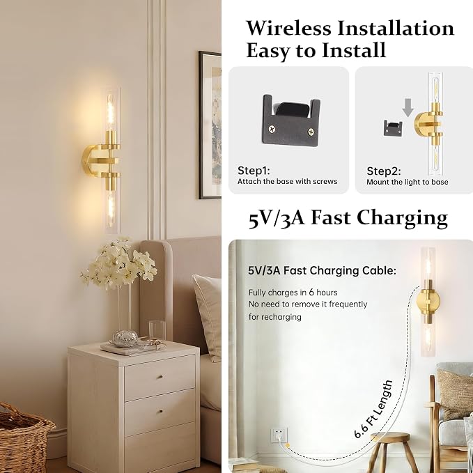 Shenmoyl Battery Operated Wall Sconces Set of Two,21" Gold Rechargeable Wall Lighting Fixtures, Dimmable Wall Lights with Remote & Clear Glass Shade for Living Room,Bathroom,Bedroom