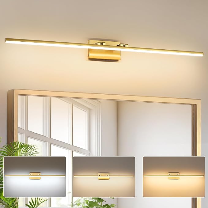 LED Bathroom Vanity Light, Modern Bathroom Light Fixture Over Mirror (3000K/4000K/6000K, Dimmable), Vanity Light Bar with Angle Adjustable, 48 Inch, Brass