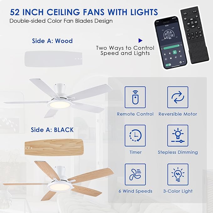 Flush Mount RGB Ceiling Fan with RGB Light - 52In White Ceiling Fan Light with Reversible Mute Motor, 3CCT LED Dimmable, Low Profile Modern Ceiling Fans for Indoor, Party, Living Room