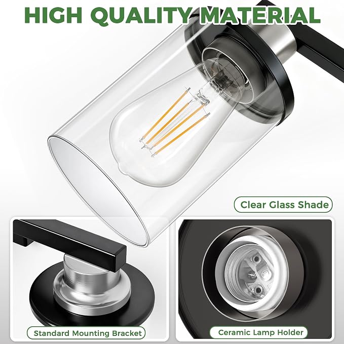 17 Inch 3-Light Black Nickel Bathroom Vanity Light | Modern Black Nickel Vanity Light Fixture, Clear Glass Shade Bathroom Wall Light, Mirror Lighting for Bedroom Living Room