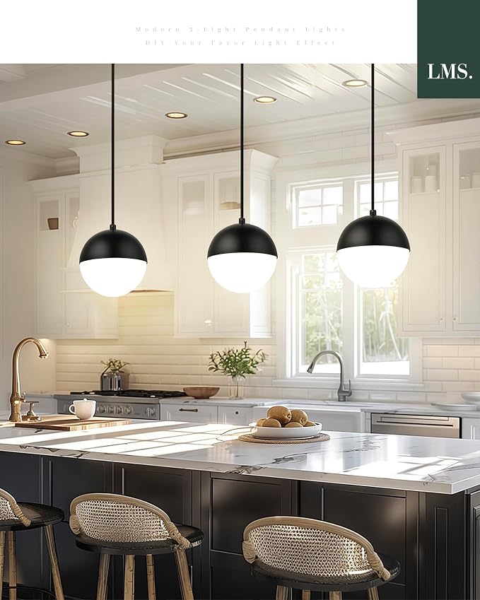 6-inch Mid Century Pendant Light, Matte Black Pendant Light Fixtures with White Globe Glass, Adjustable Hanging Ceiling Light Fixtures for Dining Room Living Room Bedroom, LMS-186BKS