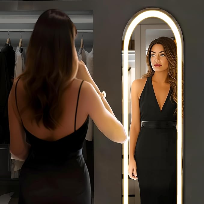 Arched Full Length LED Mirror, 61‘’x16‘’ Floor Mirror with Stand 3 Lights | Hanging Mounted Mirrors with Adjustable Light Modes for Outfit Checks, Room Decor, Bedroom Accessories and Dressing Areas