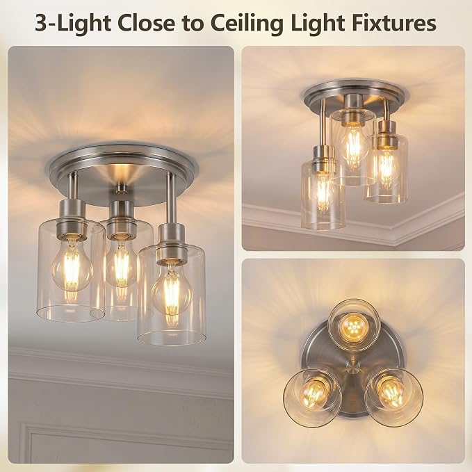 Semi Flush Mount Ceiling Light, 3 Light Close to Ceiling Light Fixtures, Brushed Nickel Finish Kitchen Light Fixtures with Clear Glass Shades, Modern Hallway Light Fixtures Ceiling Mount, 8.8"X11"