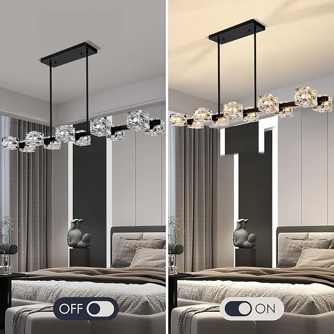 GoBright 10-Light Dining Room Light Fixture, Black Modern Chandelier with Crystal Cube Shade, Industrial Pendant Light Fixtures for Living Room, Bedroom, Kitchen, Bar, Long Table, G9 Base
