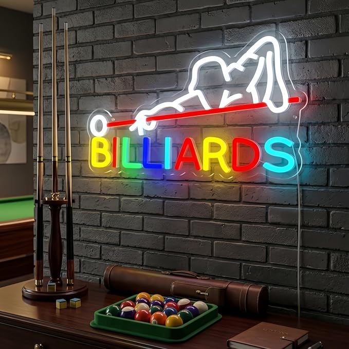 Billiards Neon Sign, USB Powered LED Pool Room Decor | Pool Hall Wall Decor for Game Room, Man Cave, Bar, Party Decoration and Billiards Player Gift