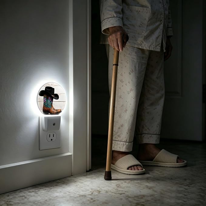 Nightlight Cowboy Boots Night Lights Plug Into Wall Auto Sensor | Rustic Western Night Light Dusk to Dawn Led Sleep Round Lamp for Living Room Hallway Stairs