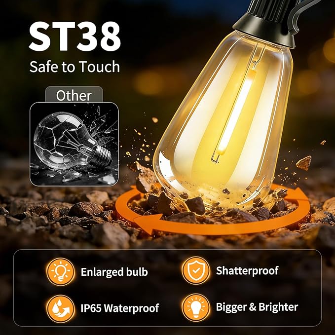 Outdoor Solar String Lights Waterproof: ST38 100ft Shatterproof Patio Lights - Solar Powered & USB Dual Charging - 3 Modes Button Control - Garden Backyard Gazebo Porch Party Decor