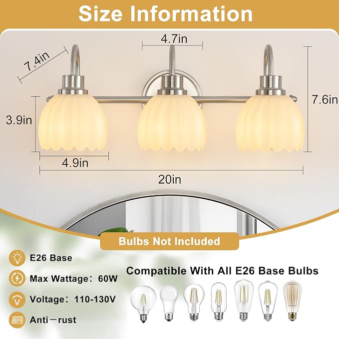 Bathroom Light Fixtures(3-Light, 20 Inch), Brushed Nickel Vanity Lights for Bathroom with Ribbed White Tulip Glass Shade, Vintage Vanity Wall Lights for Mirror Bedroom Living Room Hallway