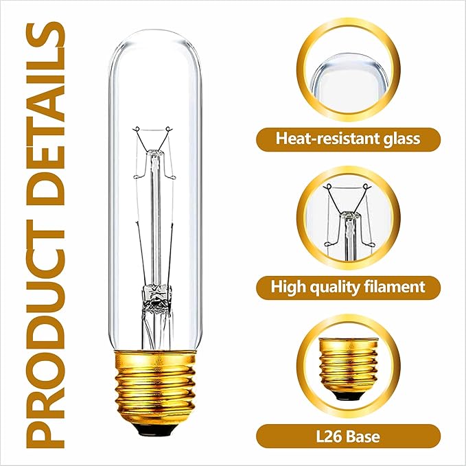 25 Watt T10 Clear Tubular Incandescent Light Bulb, T10 Bulb,Vintage Style Showcase Bulb,Showcase lamp,Dimmable for Desk Lamp,Curio Cabinet,Aquarium,Chandeliers,Aquarium Light Bulb (4PC)