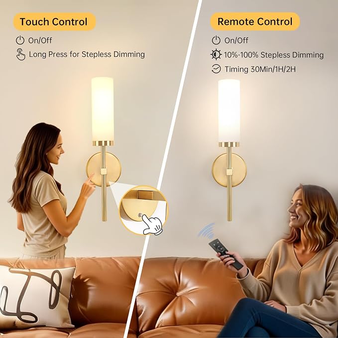 Shenmoyl Battery Operated Wall Sconces Set of 2, Gold Rechargeable Wall Lighting Fixtures, Dimmable Wall Lights with Remote & Opal Glass Shade for Living Room, Bathroom,Bedroom