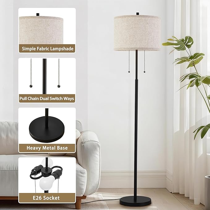 Luvkczc Floor Lamp, 62" Standing Lamp Tall Lamp with Fabric Lampshade&Pull Chain Corner Floor Lamps for Living Room, Bedroom,Office Corner (Black 2 Bulb Socket)