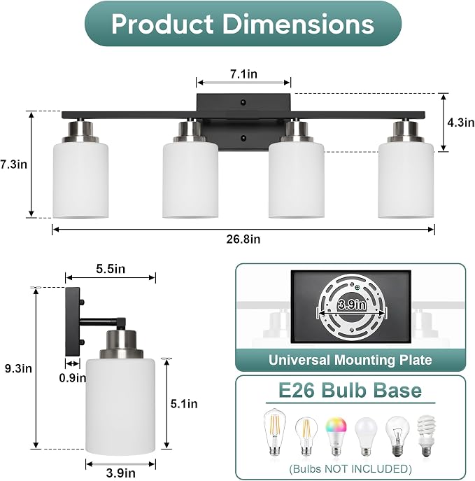 Ascher Bathroom Light Fixtures, 4-Light Vanity Light Over Mirror, Black and Nickel Wall Sconces with Milky White Frosted Glass Shades, Wall Lamp for Living Room Bedroom, E26 Base(Bulbs Not Included)