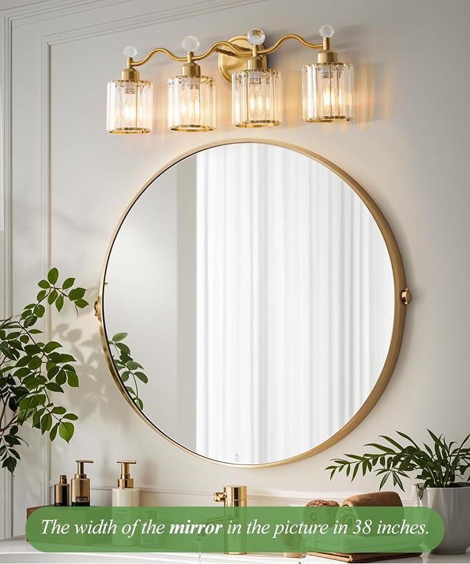 4-Light Gold Bathroom Light Fixtures,Modern Bathroom Vanity Lights Fixture with Clear Crystal Glass Shade, Modern Crystal 3 Lights Wall Sconce for Mirror Bedroom Living Room