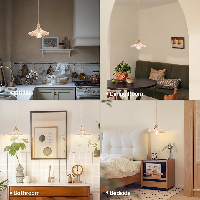 Shenmoyl Pendant Light with Pink Pleated Ceramic Lmapshade, Brass Vintage Pendant Light Adjustable Hanging Light for Kitchen Island Dining Room Hallway