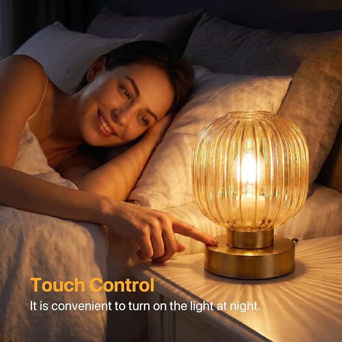 Elenhome Amber Touch Glass Table Lamp, 3-Way Dimmable Bedside Lamp, Vintage Mid-Century Modern Small Nightstand Lamp for Bedroom and Living Room, Ambient Mood Lighting, LED Bulb Included