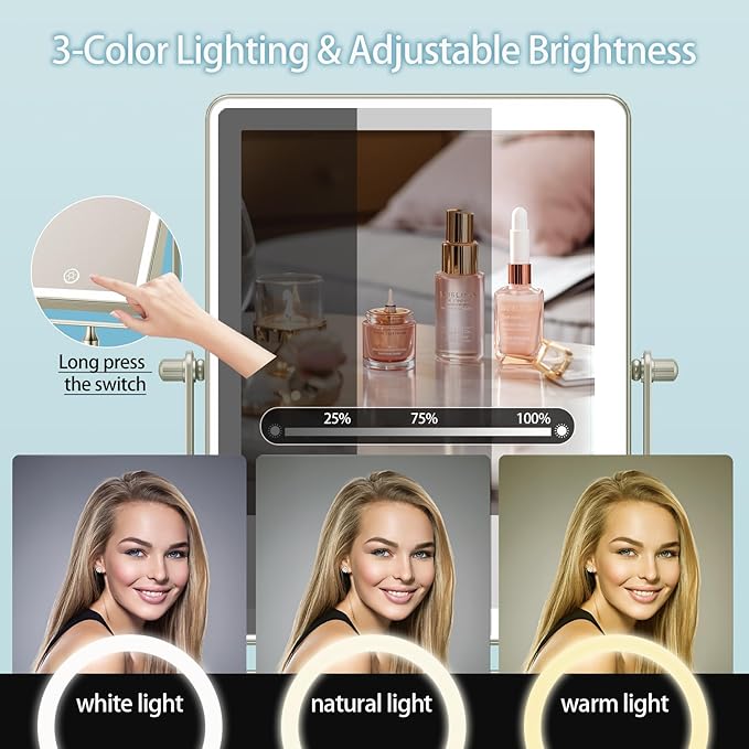 FASCINATE Rechargeable Wall Mounted Makeup Mirror with Lights, Bathroom Mirror Rectangle 8.7" Double Sided Touch Switch 1X 10X Magnifying Mirror with 3 Color Setting Extended Arm 360° Swivel Foldable