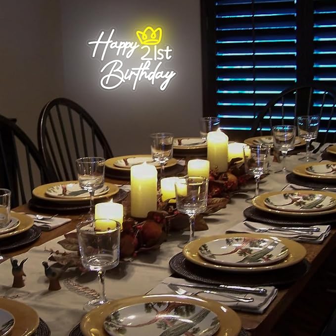 21st Happy Birthday Neon Sign, 16.9 x 13 Inch Birthday Neon LED Signs, Dimmable Neon Happy Birthday Light for Wall Decor, Birthday Light Up Sign Party Decoration for Home Club Bar Pub Anniversary