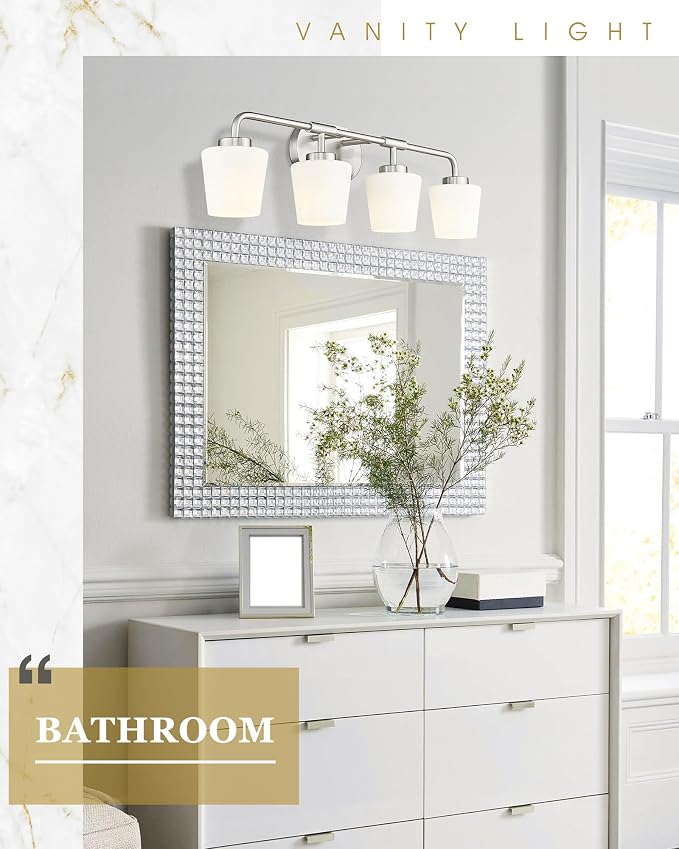 4-Light Brushed Nickel Bathroom Light Fixtures Over Mirror | Vanity Lighting Fixtures with Milk White Glass, Vintage Farmhouse Wall Sconces Lighting, AD-22004-4W-SN